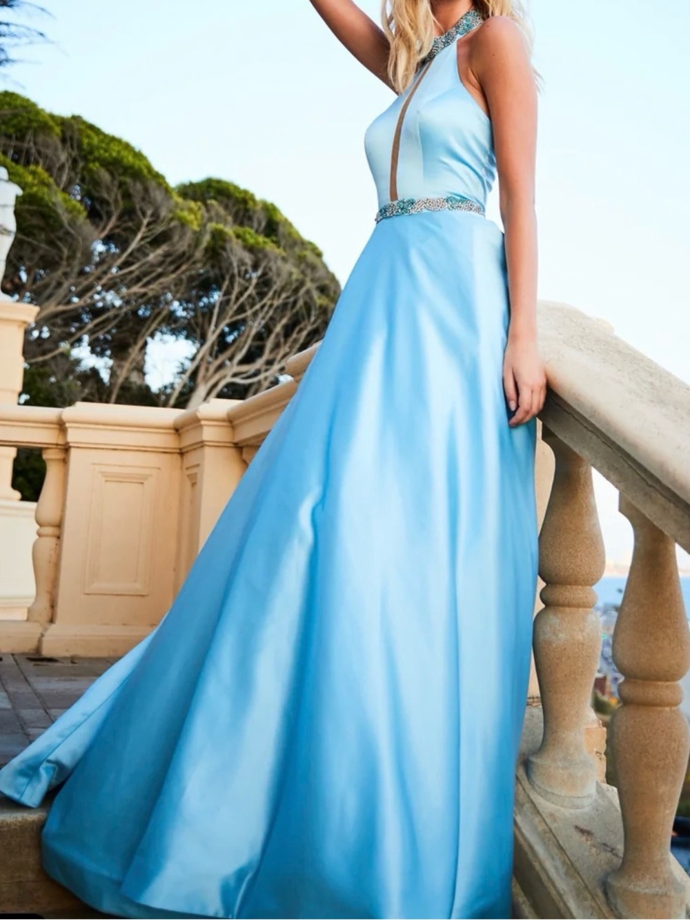 Sherri Hill Bright Blue Halter Ball Gown with Beaded Accents